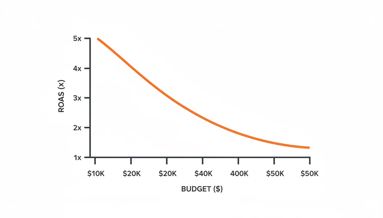 Chart showing ROAS declining as ad budget increases from $10K to $50K