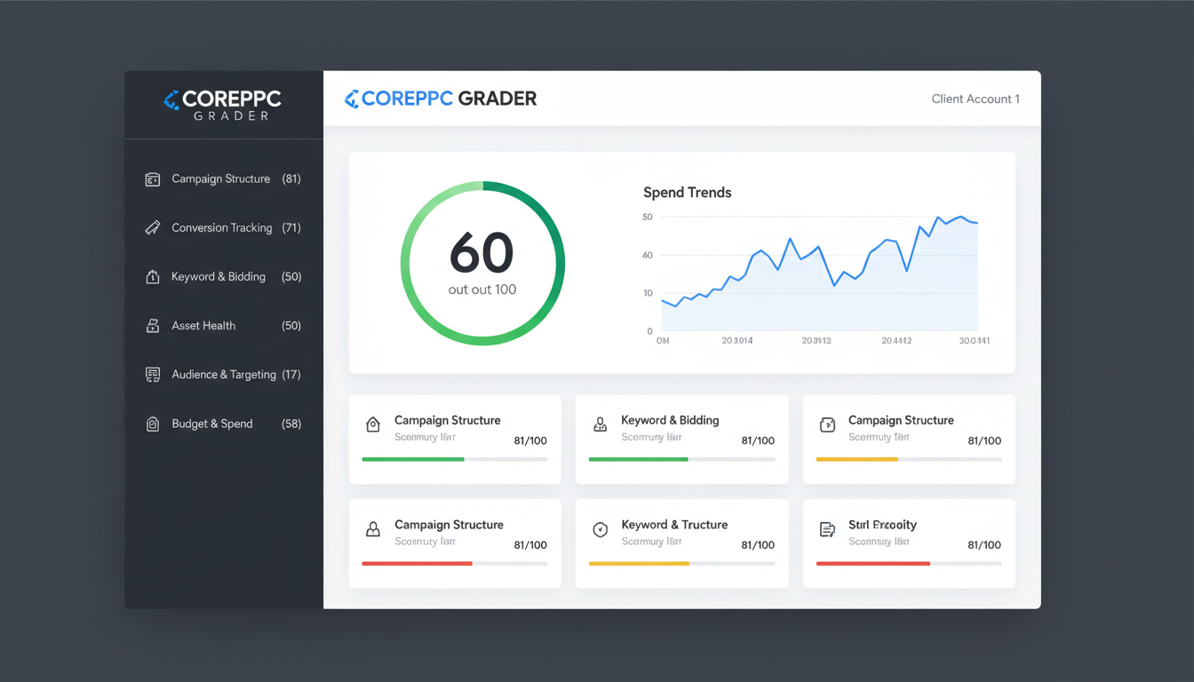 COREPPC PPC Grader dashboard showing Google Ads audit scores and category breakdown